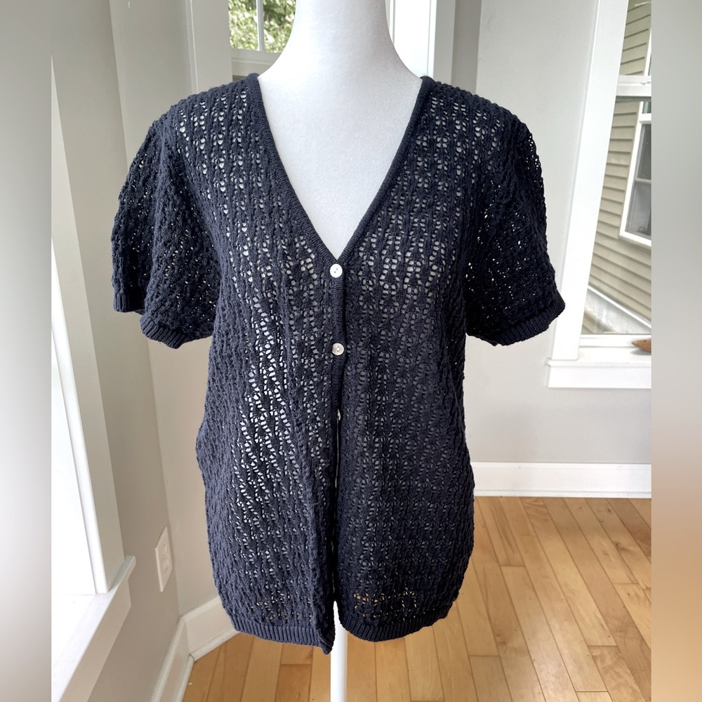 John Paul Richard Navy Blue Crochet Short Sleeve Sweater Size Large Vintage 90s